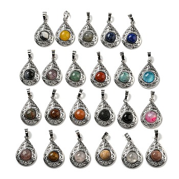 Natural & Synthetic Mixed Gemstone Pendants, Rack Plating Brass Hollow Teardrop Charms, Cadmium Free & Lead Free, Platinum, Mixed Dyed and Undyed, 29.5x19.5x7.5mm, Hole: 7.5x5mm
