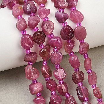 Natural Tourmaline Beads Strands, Nuggets, Grade A, Deep Pink, 8~15x7~11x3.5~7.5mm, Hole: 0.8mm, about 31~39pcs/strand, 15.75''(40cm)