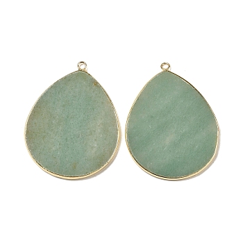 Natural Green Aventurine Pendants, with Brass Findings, Teardrop, Golden, Undyed, 42~44x33~35x2.5mm, Hole: 2mm