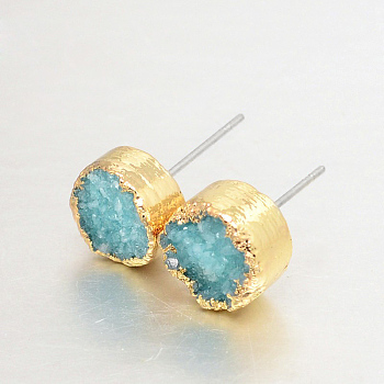 Flat Round Natural Druzy Agate Stud Earrings, with Golden Plated Brass Findings, Turquoise, 10x6~7mm, Pin: 0.8mm