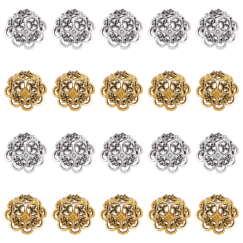 WADORN 40Pcs 2 Colors Tibetan Style Zinc Alloy Bead Cap, Multi-Petal, Flower, Antique Silver & Antique Golden, 24.5~25x16mm, Hole: 2x5mm, 20pcs/color
