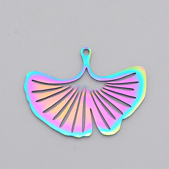Ion Plating(IP) 201 Stainless Steel Pendants, Laser Cut, Ginkgo Leaf, Rainbow Color, 23x30.5x1mm, Hole: 1.6mm