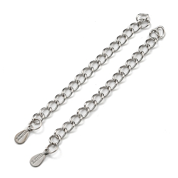 304 & 201 Stainless Steel Curb Chain Extender, End Chains, with Teardrop Chain Tabs, Stainless Steel Color, 57mm