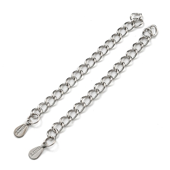 Tarnish Resistant 304 & 201 Stainless Steel Curb Chain Extender, End Chains, with Teardrop Chain Tabs, Stainless Steel Color, 57mm