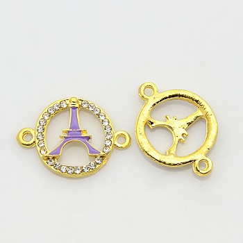 Golden Tone Alloy Enamel Rhinestone Multi-stone Links connectors, Ring with Eiffel Tower, Blue Violet, 25x18x3mm, Hole: 2mm
