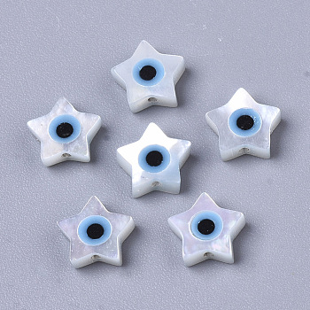 Natural White Shell Mother of Pearl Shell Beads, with Synthetic Turquoise, Star with Evil Eye, Deep Sky Blue, 6x6.5x2mm, Hole: 0.7mm