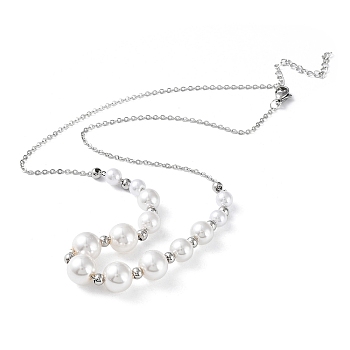 Plastic Pearl Graduated Beaded Necklace, with 304 Stainless Steel Cable Chains, Stainless Steel Color, 17.52 inch(44.5cm)
