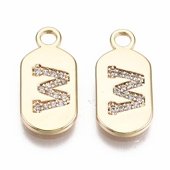 Brass Micro Pave Clear Cubic Zirconia Pendants, Nickel Free, Real 18K Gold Plated, Oval with Word, Letter.W, 16x7.5x1.5mm, Hole: 1.8mm