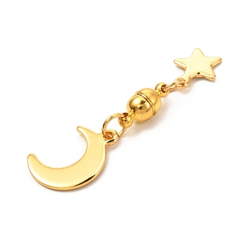 Round Brass Magnetic Clasps with Loops, with 304 Stainless Steel Charms & Jump Rings, Moon & Star, Golden, 40mm