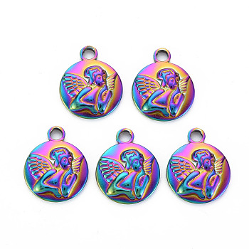 201 Stainless Steel Pendants, Flat Round with Fairy, Rainbow Color, 18.5x15x3.5mm, Hole: 2.5mm