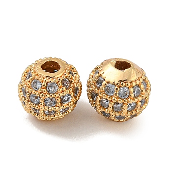 Brass Micro Pave Clear Cubic Zirconia Beads, Round, Real 18K Gold Plated, 7x6mm, Hole: 1.8mm