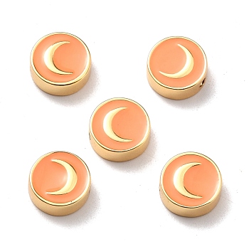 Brass Enamel Beads, Real 18K Gold Plated, Long-Lasting Plated, Cadmium Free & Lead Free, Flat Round with Moon Pattern, Orange, 10x3.5mm, Hole: 1.6mm