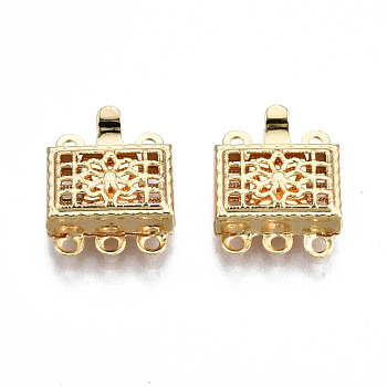 Brass Box Clasps, 3-Strand, 6-Hole, Nickel Free, Rectangle, Real 18K Gold Plated, 14x10.5x3.5mm, Hole: 1mm