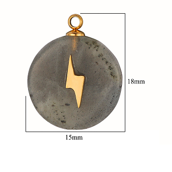 Natural Labradorite Pendants, Flat Round Charms, with Golden Tone Stainless Steel Lightning Slice, 18~19x15x3.7~4.1mm