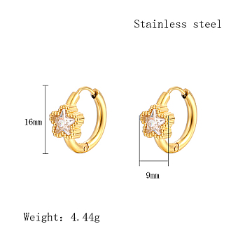 Cubic Zirconia Hoop Earrings, Real 18K Gold Plated 304 Stainless Steel Earrings, Star, 16x9mm
