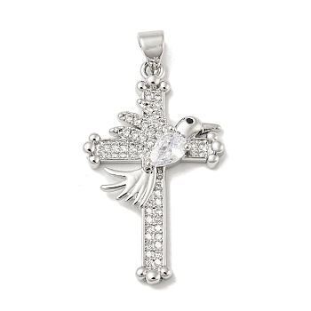 Rack Plating Brass Micro Pave Cubic Zirconia Pendants, Long-Lasting Plated, Lead Free & Cadmium Free, Cross with Bird Charms, Religion, Platinum, 32x19x4mm, Hole: 5x3mm