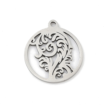 201 Stainless Steel Pendants, Flat Round with Tree Charms, Stainless Steel Color, 17x15x1mm, Hole: 1.4mm