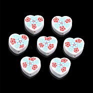 Handmade Polymer Clay Beads, Heart with Flower, White, 9x10x4.5mm, Hole: 1.2mm(CLAY-T019-13A)