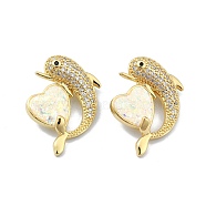 Brass Micro Pave Clear Cubic Zirconia Pendants, with Sythetic Opal, Dolphin and Heart, Real 18K Gold Plated, 23x15.5x7.5mm, Hole: 5.5x3mm(KK-A221-21B-G)