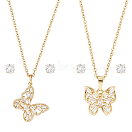 2 Sets 2 Styles Clear Cubic Zirconia Stud Earrings & Butterfly Pendant Necklaces Set, Brass & 304 Stainless Steel Jewelry Set for Women, Golden, 17.51~18.11 inch(44.5~46cm), 5mm, Pin: 0.7mm, 1 Set/style(SJEW-HY0001-01)
