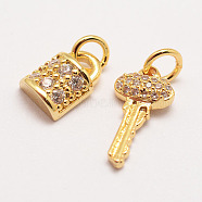 Brass Micro Pave Grade AAA Cubic Zirconia Charms, Long-Lasting Plated, Key and Padlock, Cadmium Free & Nickel Free & Lead Free, Real 18K Gold Plated, 14x7x3mm & 9x6x4mm, Hole: 3mm(X-ZIRC-G090-29G-NR)