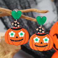 Funny Heart with Pumpkin Acrylic Fashion Stud Earrings, Halloween Style Personality Earrings, Green, Flower, 53x38mm(BY9721-2)