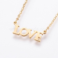 304 Stainless Steel Pendant  Necklaces, Word with LOVE, Golden, 17.99 inch(45.7cm), 1.5mm(NJEW-P224-22G)