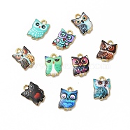 Printed Alloy Pendants, Lead Free & Cadmium Free & Nickel Free, Owl Charm, Golden, Mixed Color, 15x10.5x2mm, Hole: 1.8mm(PALLOY-H127-02G)