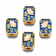 Rack Plating Alloy Enamel Beads, Cadmium Free & Lead Free, Matte Gold Color, Rectangle with Flower, Medium Blue, 11.5x8.5x4mm, Hole: 2mm(ENAM-N056-036A)