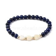 Stretch Beaded Bracelets, with Heart Natural Trochid Shell Beads, Round Natural Lapis Lazuli(Dyed) Beads and Golden Plated Brass Beads, Inner Diameter: 2-1/8 inch(5.5cm)(BJEW-JB05403-05)