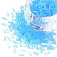 Transparent Glass Bugle Beads, Round Hole, Deep Sky Blue, 3~8x2mm, Hole: 0.7mm, about 450g/pound(SEED-N005-001-C12)