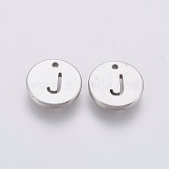 304 Stainless Steel Charms,  Flat Round with Letter, Stainless Steel Color, Letter.J, 10x1mm, Hole: 1mm(STAS-P212-15P-18)