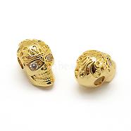 Brass Micro Pave Grade AAA Cubic Zirconia Beads, Cadmium Free & Nickel Free & Lead Free, Skull, Clear, Real 18K Gold Plated, 13x8.5x10mm, Hole: 3mm(ZIRC-G100-31G-NR)