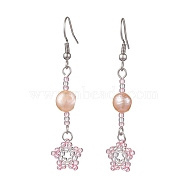 Natural Pearl Dangle Earrings, TOHO Seed Beaded Star Long Drop Earrings with 304 Stainless Steel Pins, Pink, 54x12mm(EJEW-MZ00120-04)