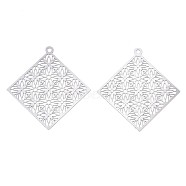 201 Stainless Steel Filigree Pendants, Etched Metal Embellishments, Rhombus, Stainless Steel Color, 38x36x0.3mm, Hole: 1.6mm, Diagonal Length: 38mm, Side Length: 26mm(STAS-S108-108P)