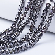 Electroplate Transparent Glass Beads Strands, Half Plated, Faceted, Rondelle, Black Plated, 6x5mm, Hole: 1mm, about 85~88pcs/strand, 16.1~16.5 inch(41~42cm)(EGLA-A034-T6mm-Z05)