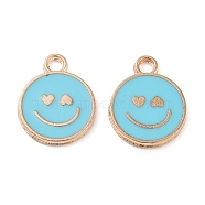 Alloy Enamel Pendants, Cadmium Free & Lead Free, Golden, Flat Round with Smiling Face Charm, Dark Turquoise, 19x15x1.7mm, Hole: 2.5mm(PALLOY-S192-04G-03)