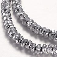 Electroplate Non-magnetic Synthetic Hematite Beads Strands, Faceted, Rondelle, Platinum Plated, 4x2mm, Hole: 1mm, about 171pcs/strand, 15.55 inch(G-P198-02-4x2mm-01)