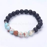 Natural Lava Rock Beads Stretch Bracelets, with Natural Shoushan Stone/Larderite Beads, Bodhi and Alloy Findings, Antique Silver, 2-1/8 inch(55mm)(BJEW-G565-05)