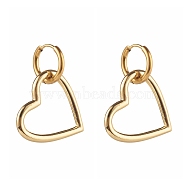 304 Stainless Steel Huggie Hoop Earrings, with Brass Pendants, Heart, Golden, 35mm, Pin: 1mm(EJEW-JE04549-04)