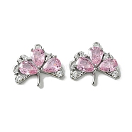 Real Platinum Plated Brass Pendants, with Glass, Clover Charms, Pink, 16x18.5x4mm, Hole: 1.4mm(KK-D092-01P-02)