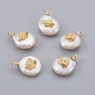 Natural Cultured Freshwater Pearl Pendants, with Cubic Zirconia and Brass Findings, Long-Lasting Plated, Leaf, Real 18K Gold Plated, 14~27x9~16x5~9mm, Hole: 1.5mm(PEAR-F008-08G)