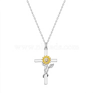 SHEGRACE Brass Pendant Necklaces, with Grade AAA Cubic Zirconia, Cross with Sunflower, Clear, Platinum & Golden, 17.32inch(44cm)(JN995A)