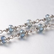 Trendy Handmade Faceted Rondelle Glass Beads Chains for Necklaces Bracelets Making, with Iron Spacer Beads and Iron Eye Pin, Unwelded, Platinum, Light Steel Blue, 39.3 inch, about 60pcs/strand(X-AJEW-JB00123-03)