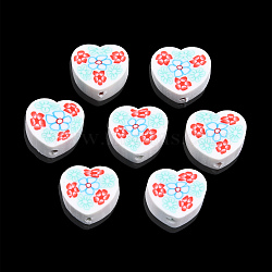 Handmade Polymer Clay Beads, Heart with Flower, White, 9x10x4.5mm, Hole: 1.2mm(CLAY-T019-13A)