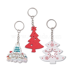 Christmas Wood Kechain, with Iron Split Key Rings, Christmas Tree, Mixed Color, 10.5~12cm(KEYC-JKC00878)