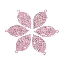 430 Stainless Steel Filigree Pendants, Spray Painted, Etched Metal Embellishments, Leaf, Pink, 38x19x0.4mm, Hole: 2.4mm(STAS-S108-01E)
