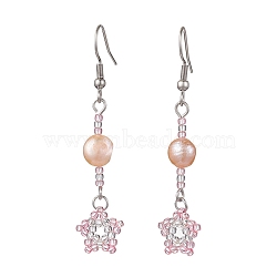 Natural Pearl Dangle Earrings, TOHO Seed Beaded Star Long Drop Earrings with 304 Stainless Steel Pins, Pink, 54x12mm(EJEW-MZ00120-04)