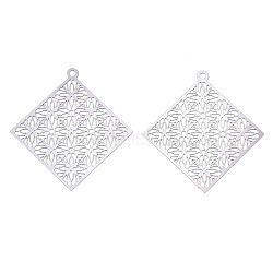201 Stainless Steel Filigree Pendants, Etched Metal Embellishments, Rhombus, Stainless Steel Color, 38x36x0.3mm, Hole: 1.6mm, Diagonal Length: 38mm, Side Length: 26mm(STAS-S108-108P)
