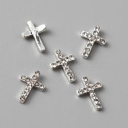 Alloy Rhinestone Cabochons, Nail Art Decoration Accessories, Cross, Silver, 9x6.5x2mm(MRMJ-WH0079-53S)